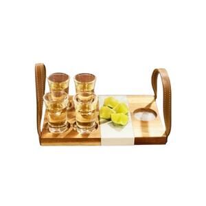 Gezellig Tequila Tasting Set (No alcohol) Wood Tray Shot glasses Handles